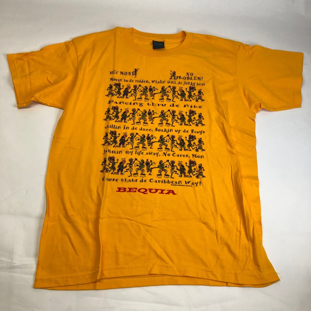 Bequia Caribbean T-Shirt‎ Novelty Graphic Print Dancing Yellow Tee Size Medium